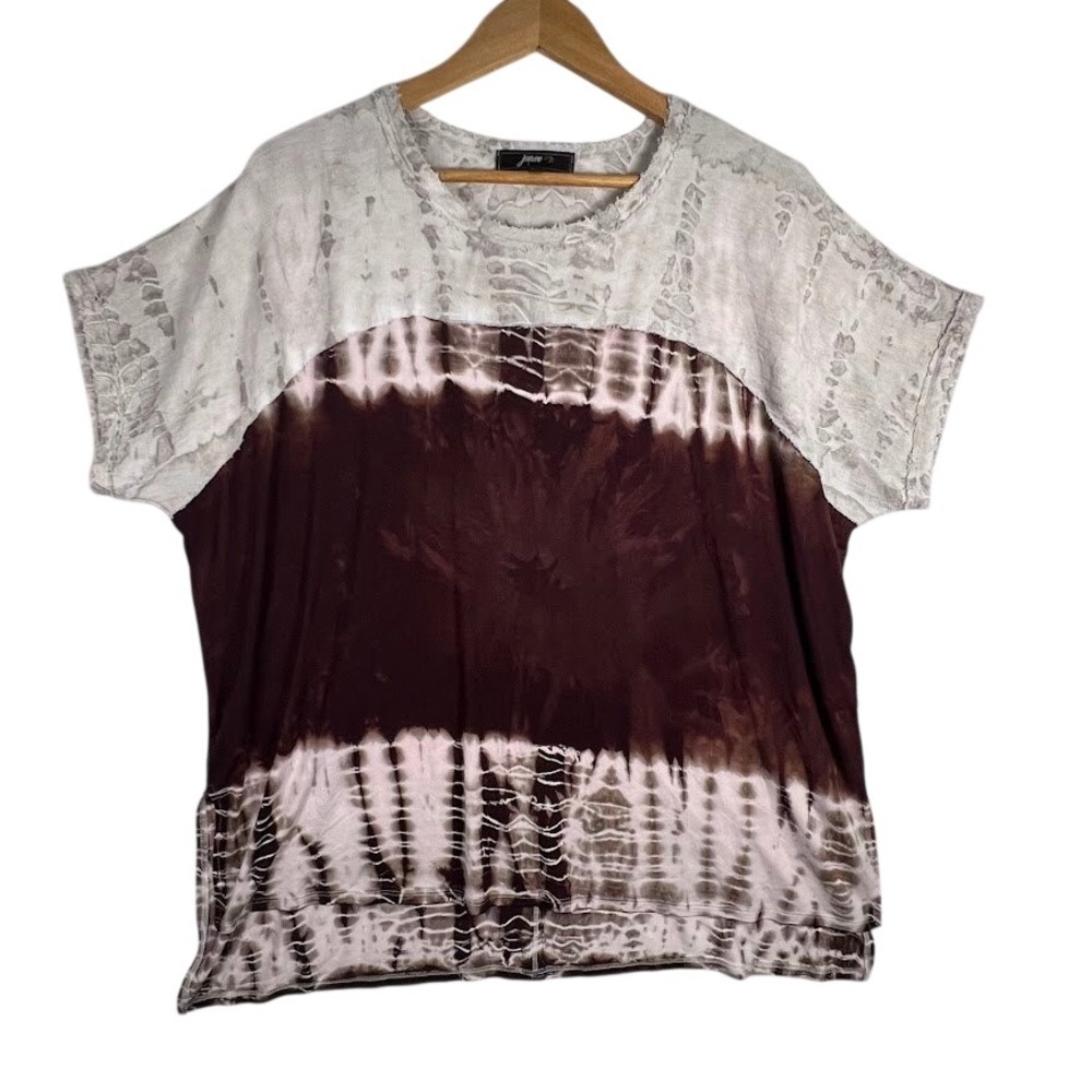 Boho Tie Dye Cotton Top‎ Lagenlook Raw Hem Colorblock USA Made L XL Jupee